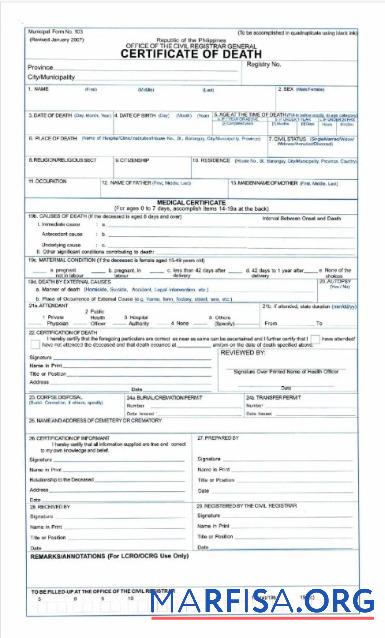 Blank Philippines Office of civil registrar general death certificate template